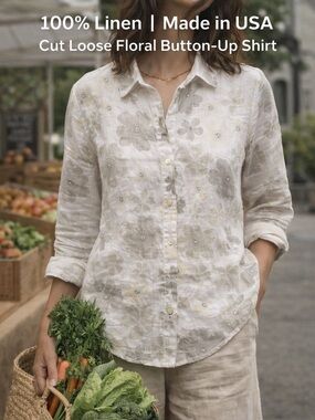 Cut Loose 100% Linen Shirt Womens L Made in USA Floral Button Front Boho